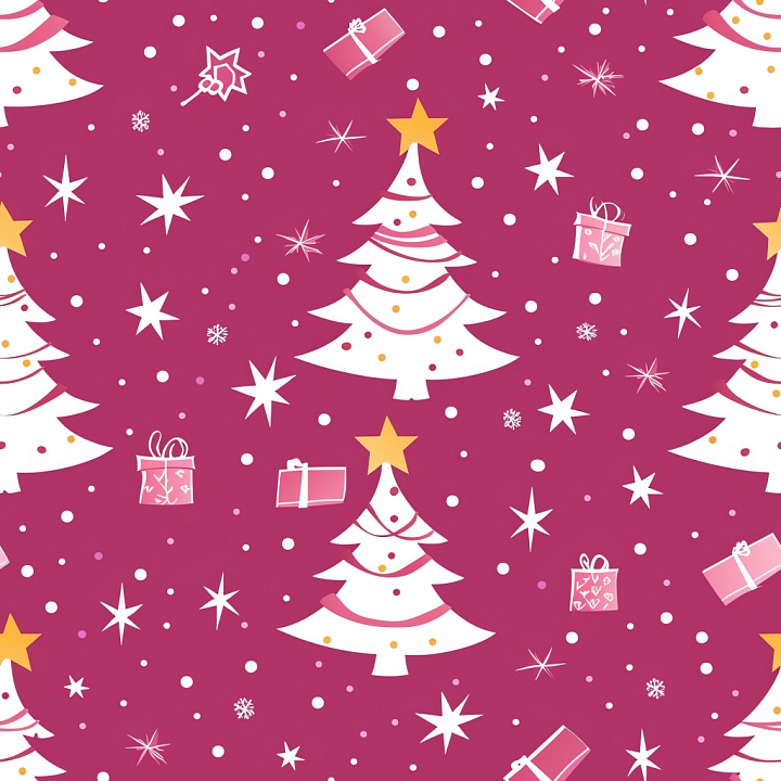 With Whimsical White Christmas Trees And Gifts On Magenta Background seamless PBR texture preview