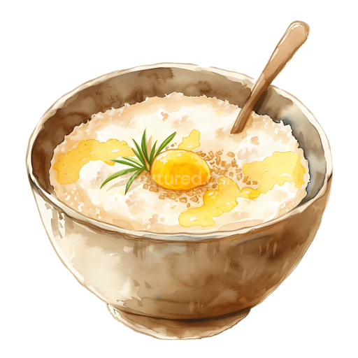 Breakfast Illustration of Fonio Porridge with Butter and Herb Garnish
