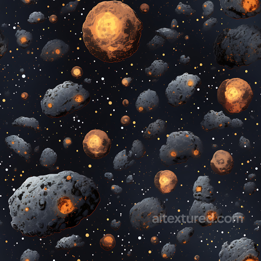 Space Texture Featuring Glowing Asteroids on Starfield seamless Star, space, planets PBR texture