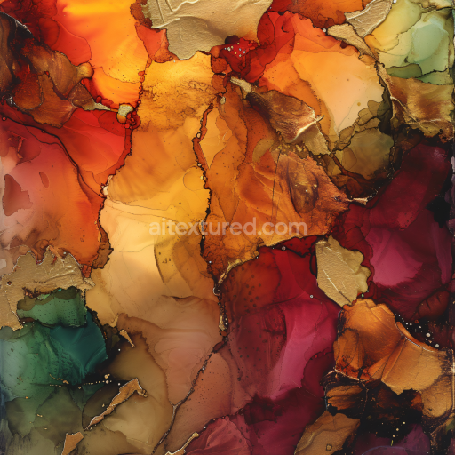 Seamless 3D Alcohol Ink PBR Texture with Warm Red, Gold & Green Fluid Swirls