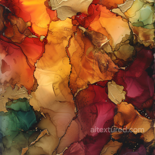 Alcohol Ink PBR Texture with Warm Red, Gold & Green Fluid Swirls seamless Alcohol ink PBR texture