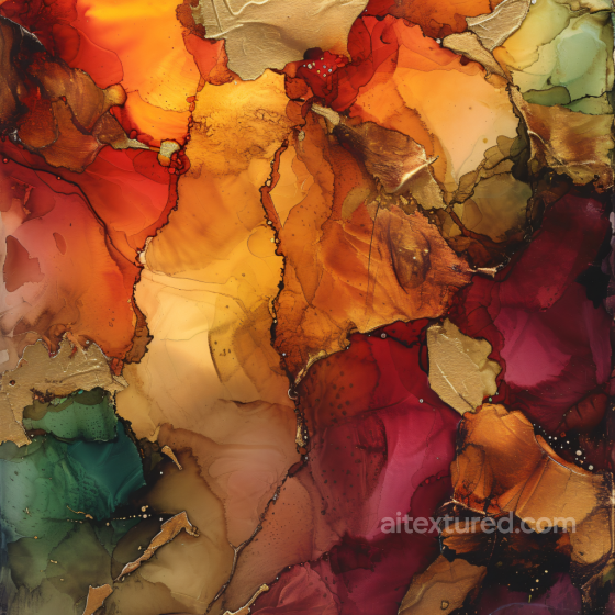 Alcohol Ink PBR Texture with Warm Red, Gold & Green Fluid Swirls Alcohol ink texture preview