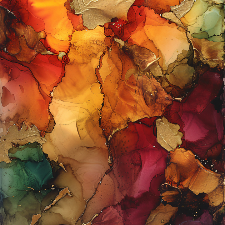Alcohol Ink with Warm Red, Gold & Green Fluid Swirls seamless PBR texture preview