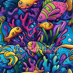 seamless Seamless 3D PBR graffiti texture featuring colorful cartoon fish and coral reef texture 8k free download PBR
