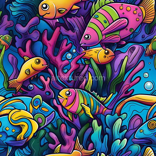 Seamless 3D PBR graffiti texture featuring colorful cartoon fish and coral reef