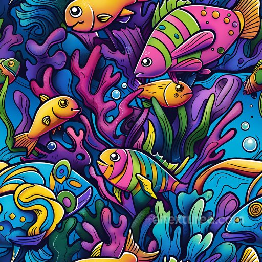 Seamless 3D PBR graffiti texture featuring colorful cartoon fish and coral reef texture preview