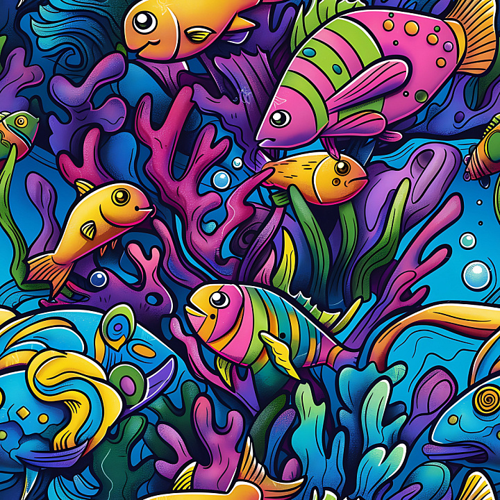 Graffiti Featuring Colorful Cartoon Fish And Coral Reef seamless PBR texture preview