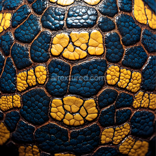 Seamless 3D PBR Reptile Skin Texture Featuring Detailed Yellow and Blue Scales