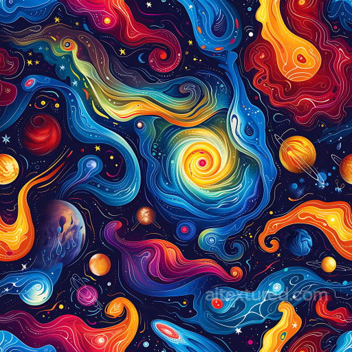 Space Texture Featuring Stylized Cosmic Nebulae and Vibrant Galaxy Swirls seamless Star, space, planets PBR texture