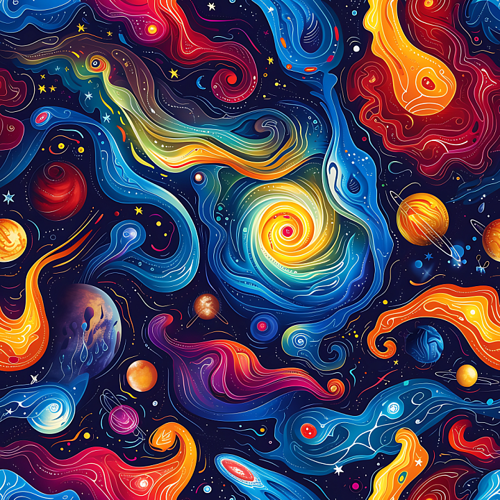 Space Featuring Stylized Cosmic Nebulae and Vibrant Galaxy Swirls seamless PBR texture preview