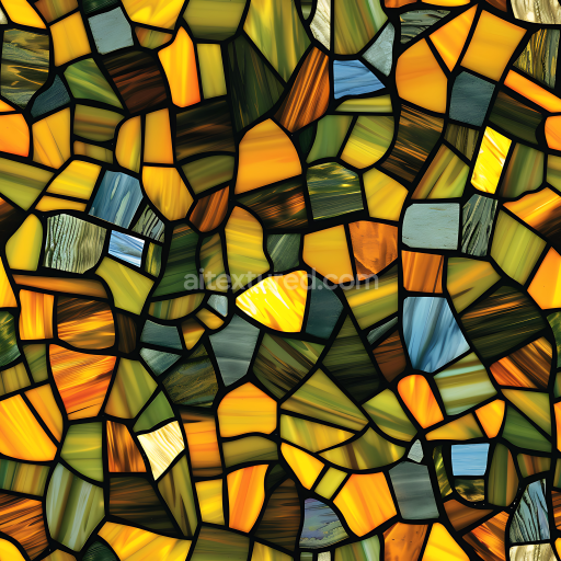 Seamless 3D stained glass camouflage PBR texture with vibrant green, yellow, and orange mosaic pattern