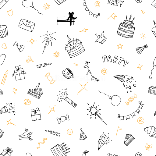 Seamless 3D PBR Birthday Celebration Pattern Texture with Hand-Drawn Icon Illustrations