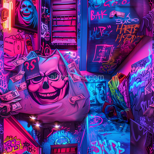 Seamless 3D PBR Graffiti Texture Featuring Neon Skull and Vivid Urban Tags
