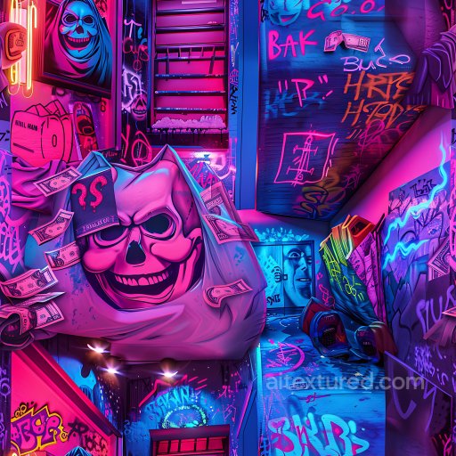 Seamless 3D PBR Graffiti Texture Featuring Neon Skull and Vivid Urban Tags texture preview