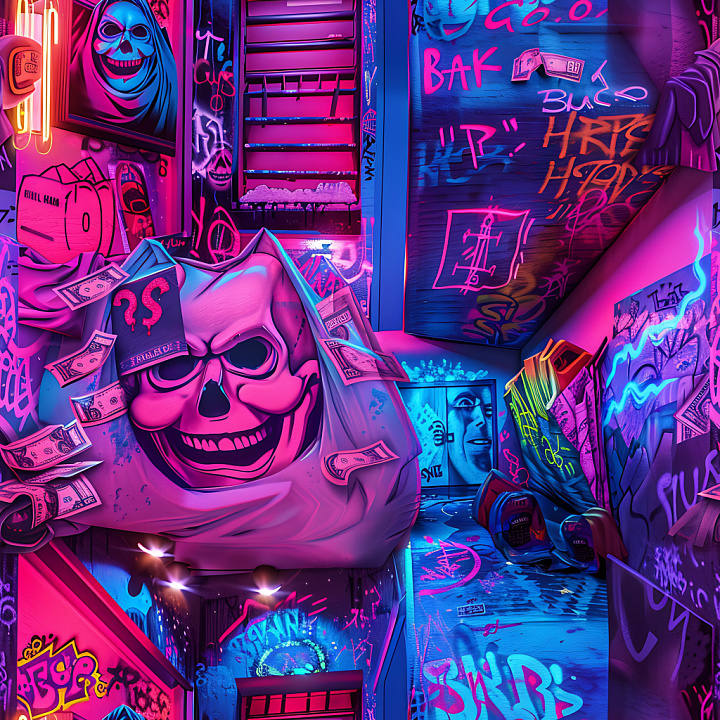 Graffiti Featuring Neon Skull and Vivid Urban Tags seamless PBR texture preview