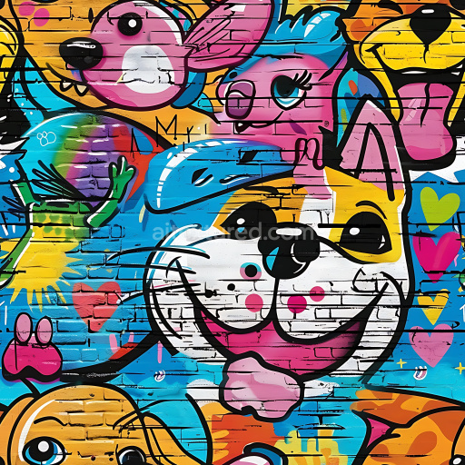 Seamless 3D PBR Graffiti Texture Featuring Vibrant Cartoon Dog Art on Brick