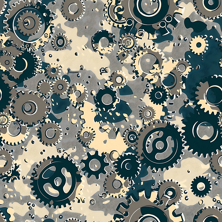 Mechanical Camouflage with Industrial Gear Pattern and Neutral Tones seamless PBR texture preview