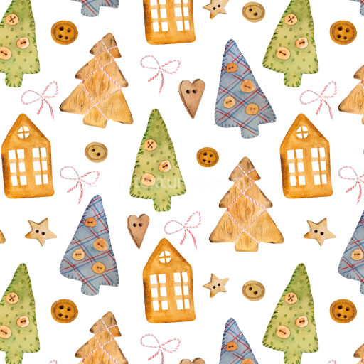 Seamless 3D PBR Watercolor Christmas Pattern Texture with Festive Trees & Buttons