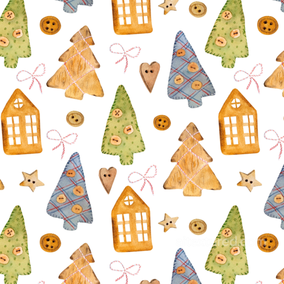 Watercolor Christmas Pattern Texture with Festive Trees & Buttons Watercolor Christmas texture preview