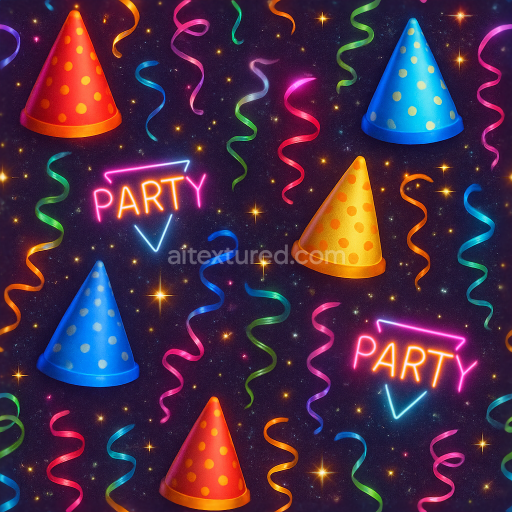 Seamless 3d texture pbr 8k party hats and neon signs with festive ribbons for new year sparkle