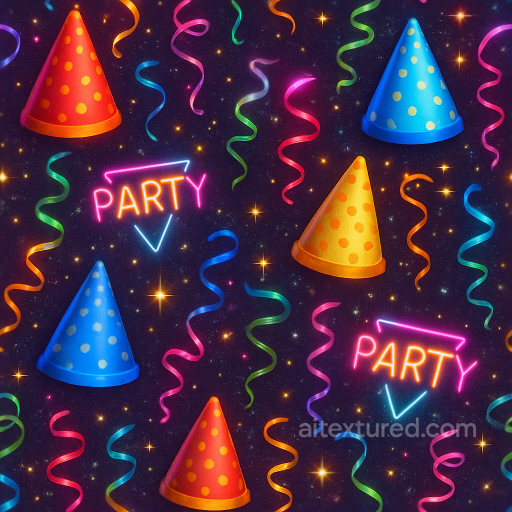 Party Hats And Neon Signs With Festive Ribbons For New Year Sparkle seamless New Year PBR texture