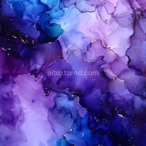 Seamless 3D Alcohol Ink PBR Texture Featuring Flowing Purple and Blue Swirls with Gold Veining