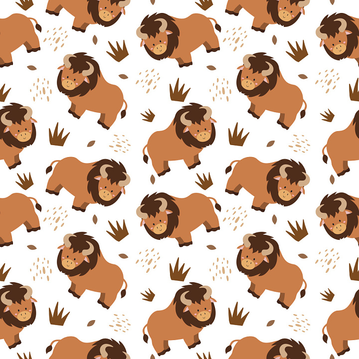 Pattern with Playful Cartoon Bison Motifs and Whimsical Elements seamless PBR texture preview