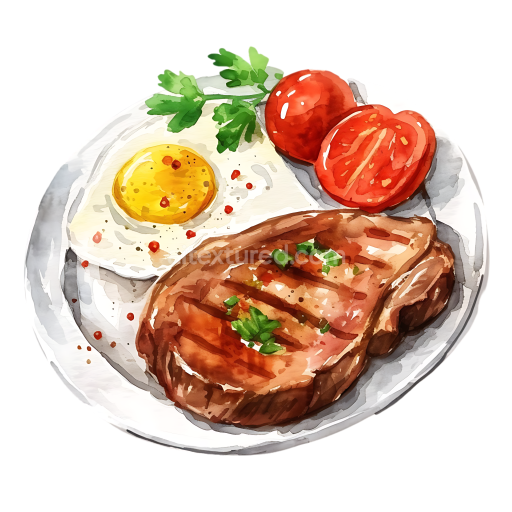 Breakfast Plate with Pork Steak, Fried Egg, and Tomatoes Watercolor Illustration