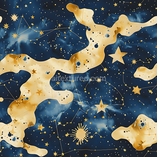 Seamless 3D Stylized Cosmic Camouflage PBR Texture with Starry Night and Gold Accents