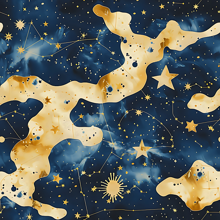 Stylized Cosmic Camouflage with Starry Night and Gold Accents seamless PBR texture preview