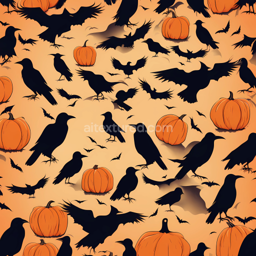Seamless 3D PBR Texture of Black Crows and Orange Pumpkins Pattern