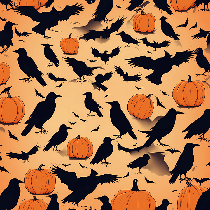 Vintage Halloween of Black Crows and Orange Pumpkins Pattern seamless PBR texture preview