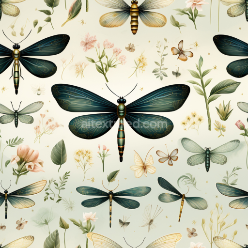Seamless 3D PBR Texture Featuring Detailed Dragonflies and Botanical Elements