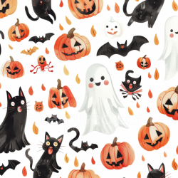 seamless Seamless 3D PBR Watercolor Halloween Texture Featuring Pumpkins, Ghosts & Black Cats texture 8k free download PBR