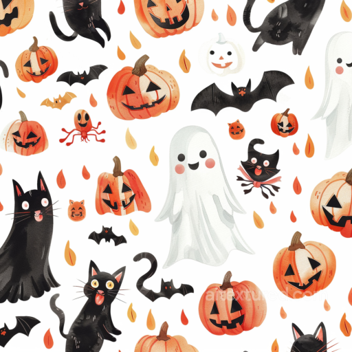 Watercolor Halloween Texture Featuring Pumpkins, Ghosts & Black Cats seamless Watercolor Halloween PBR texture