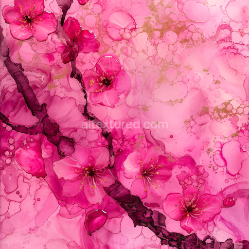 Seamless 3D Alcohol Ink PBR Texture Featuring Pink Floral Blooms and Delicate Gold Veins