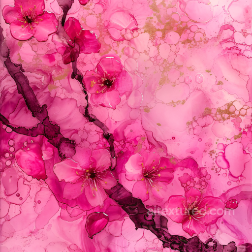 Alcohol Ink PBR Texture Featuring Pink Floral Blooms and Delicate Gold Veins seamless Alcohol ink PBR texture