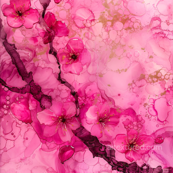 Alcohol Ink PBR Texture Featuring Pink Floral Blooms and Delicate Gold Veins Alcohol ink texture preview