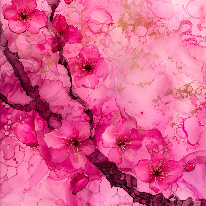 Alcohol Ink Featuring Pink Floral Blooms and Delicate Gold Veins seamless PBR texture preview