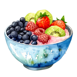 seamless Watercolor Breakfast Bowl with Strawberries, Blueberries, Raspberries, and Kiwi texture 8k free download PBR