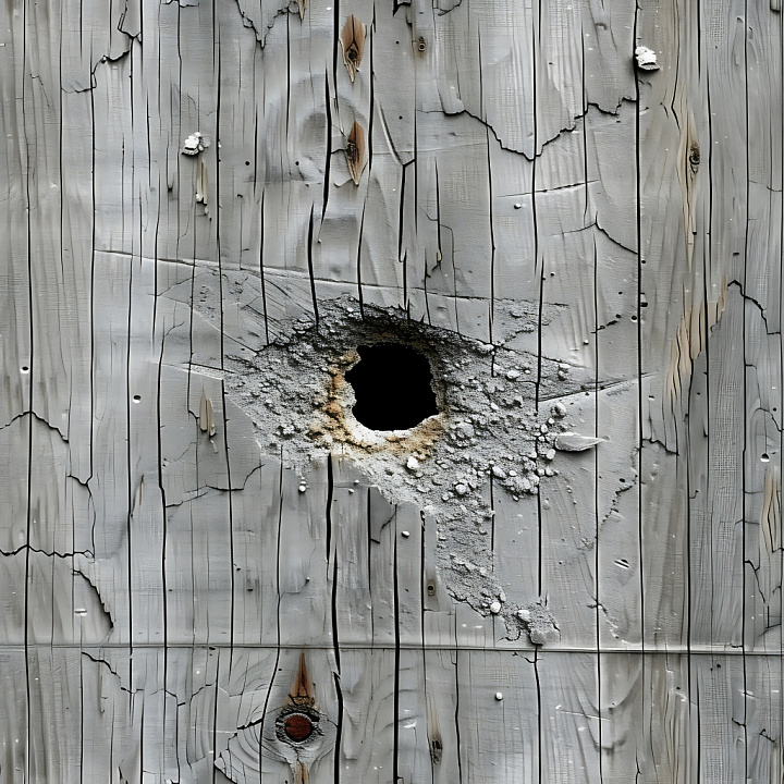 Cracked Painted Wood Featuring Central Hole and Weathered Grain seamless PBR texture preview