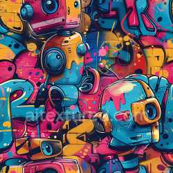 seamless Seamless 3D PBR Graffiti Texture Featuring Colorful Robotic Characters texture 8k free download PBR