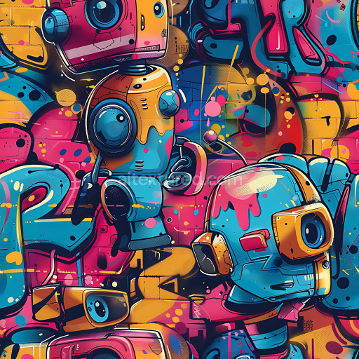 Seamless 3D PBR Graffiti Texture Featuring Colorful Robotic Characters