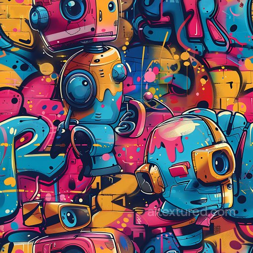 Seamless 3D PBR Graffiti Texture Featuring Colorful Robotic Characters texture preview