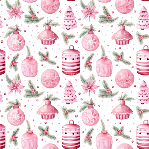 Seamless 3D PBR Texture Featuring Pink Christmas Ornaments & Pine Sprigs Pattern