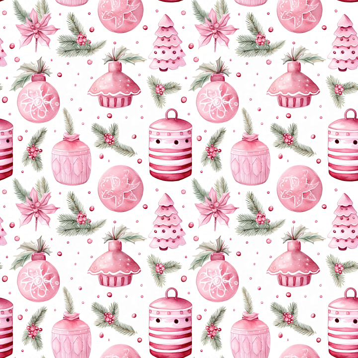 Featuring Pink Christmas Ornaments & Pine Sprigs Pattern Wood seamless PBR texture preview
