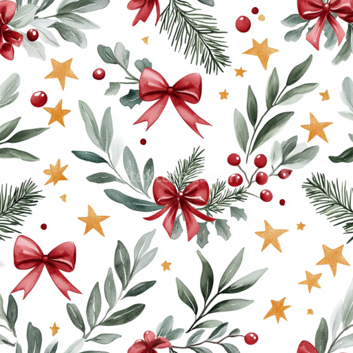 Seamless 3D PBR Watercolor Christmas Texture with Red Bows and Green Foliage