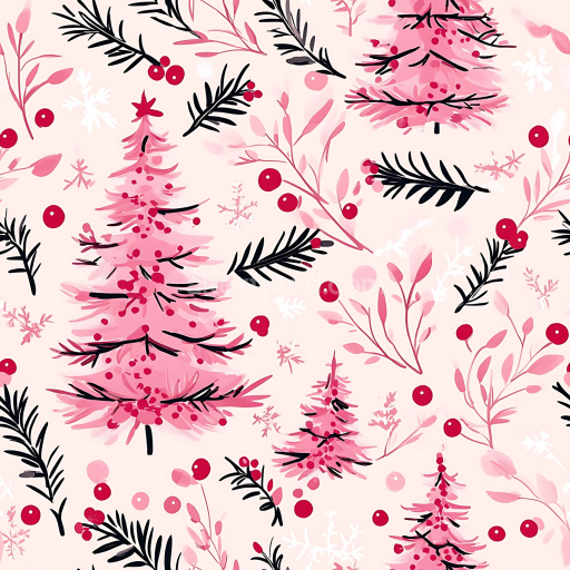 Seamless 3D PBR Texture of Pink Christmas Trees with Berries & Snowflakes