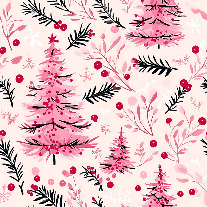 All Christmas Digital paper of Pink Christmas Trees and Berries Digital… seamless PBR texture preview