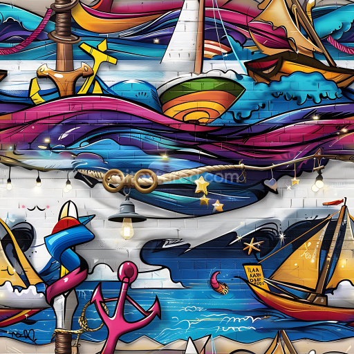 Seamless 3D PBR Texture Featuring Vibrant Nautical Graffiti with Boats and Anchors